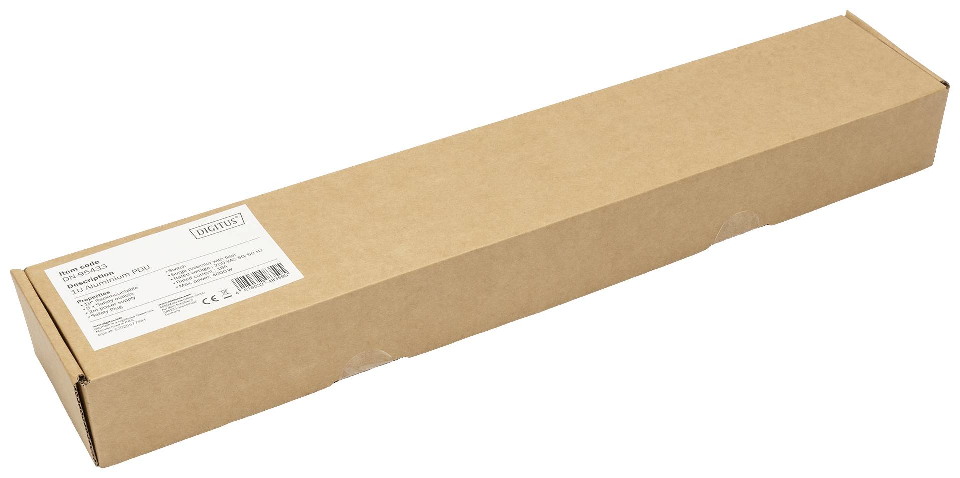 Lange bruine kartonnen doos met etiket aan de zijkant, mogelijk bevat deze een product van TRILUX volgens de aanduiding op het etiket.