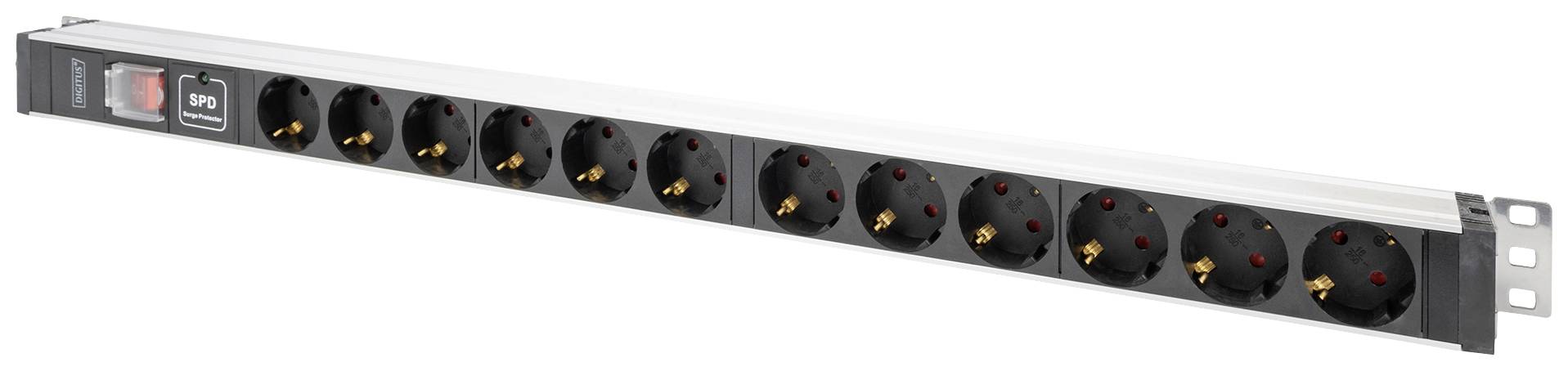 Stekkerdoos met 12 aansluitingen, schakelaar en overspanningsbeveiliging, geschikt voor serverracks.