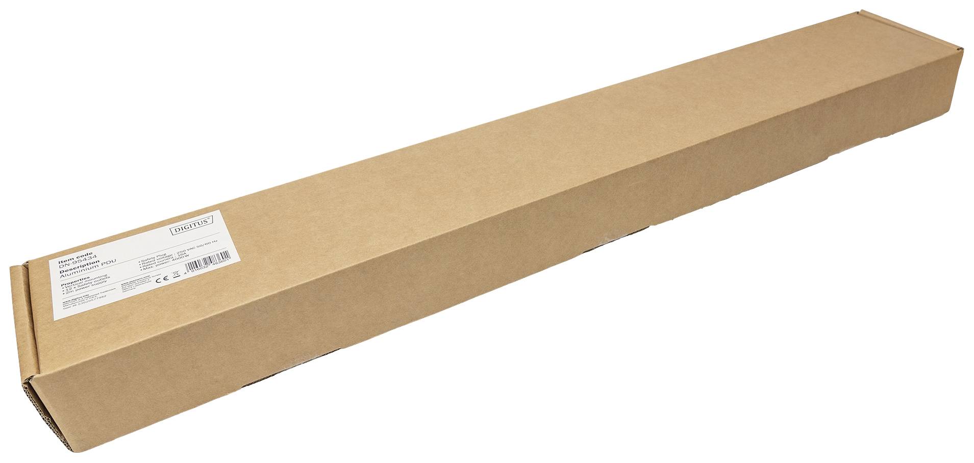 Een lange, smalle, bruine kartonnen doos met etiket. Bevat waarschijnlijk een gemonteerd meubelonderdeel of een lang product.