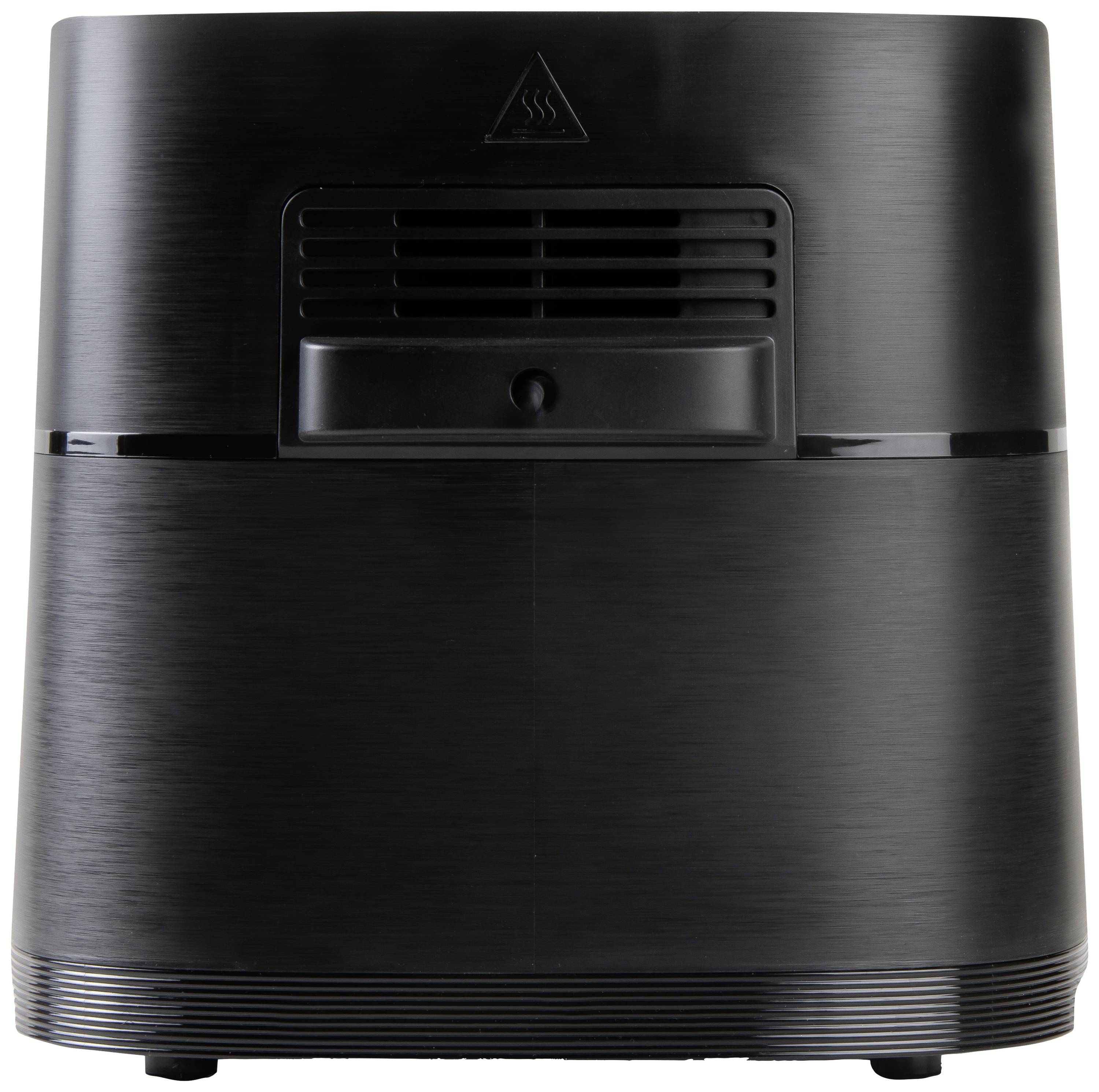 Een zwarte, rechthoekige luchtontvochtiger met ventilatiesleuven aan de voorkant; geschikt voor gebruik binnenshuis.