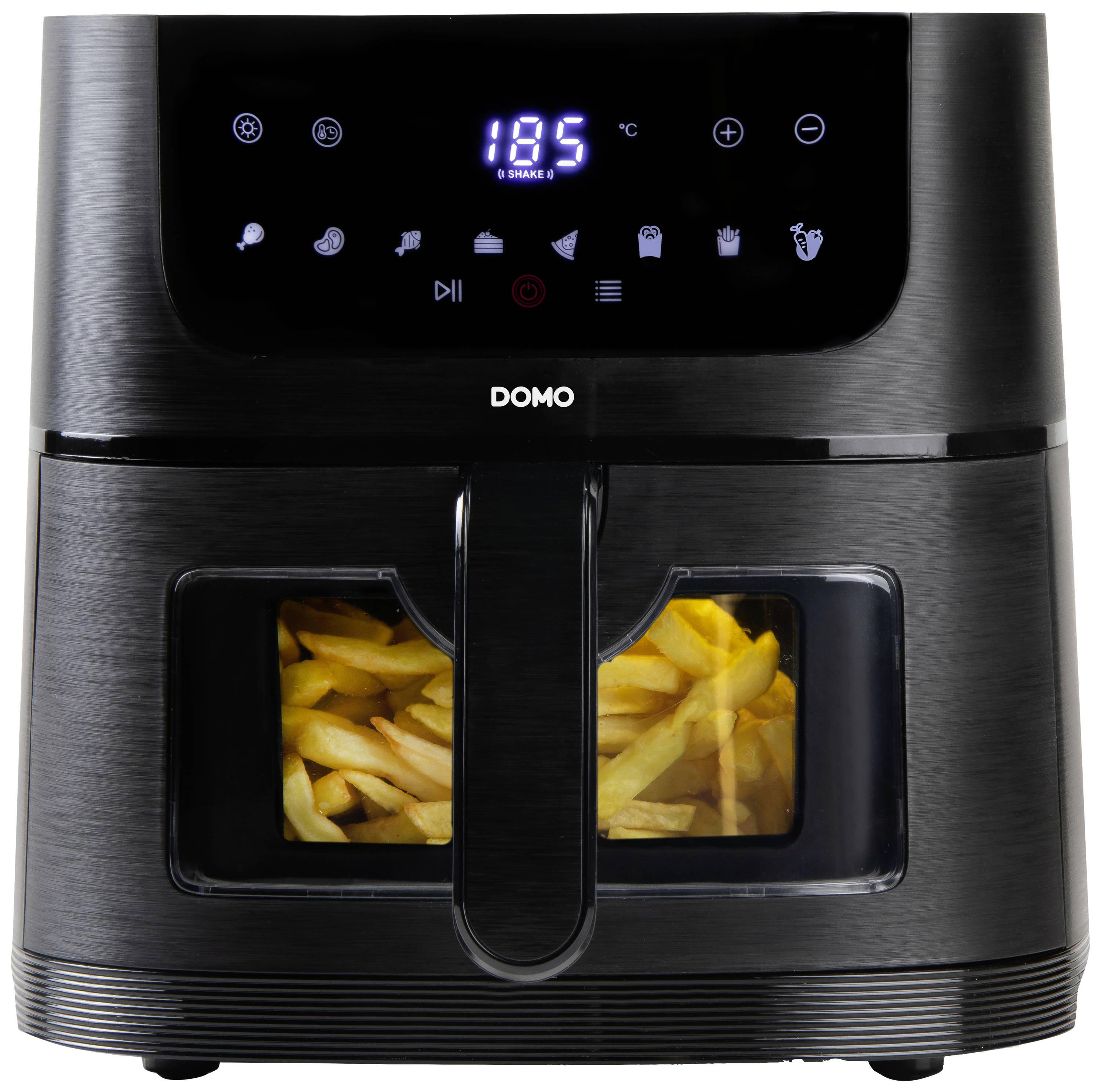 Zwarte airfryer met digitaal display toont 185°C. Door het raam zijn frietjes zichtbaar. Bedieningselementen lichten blauw op.