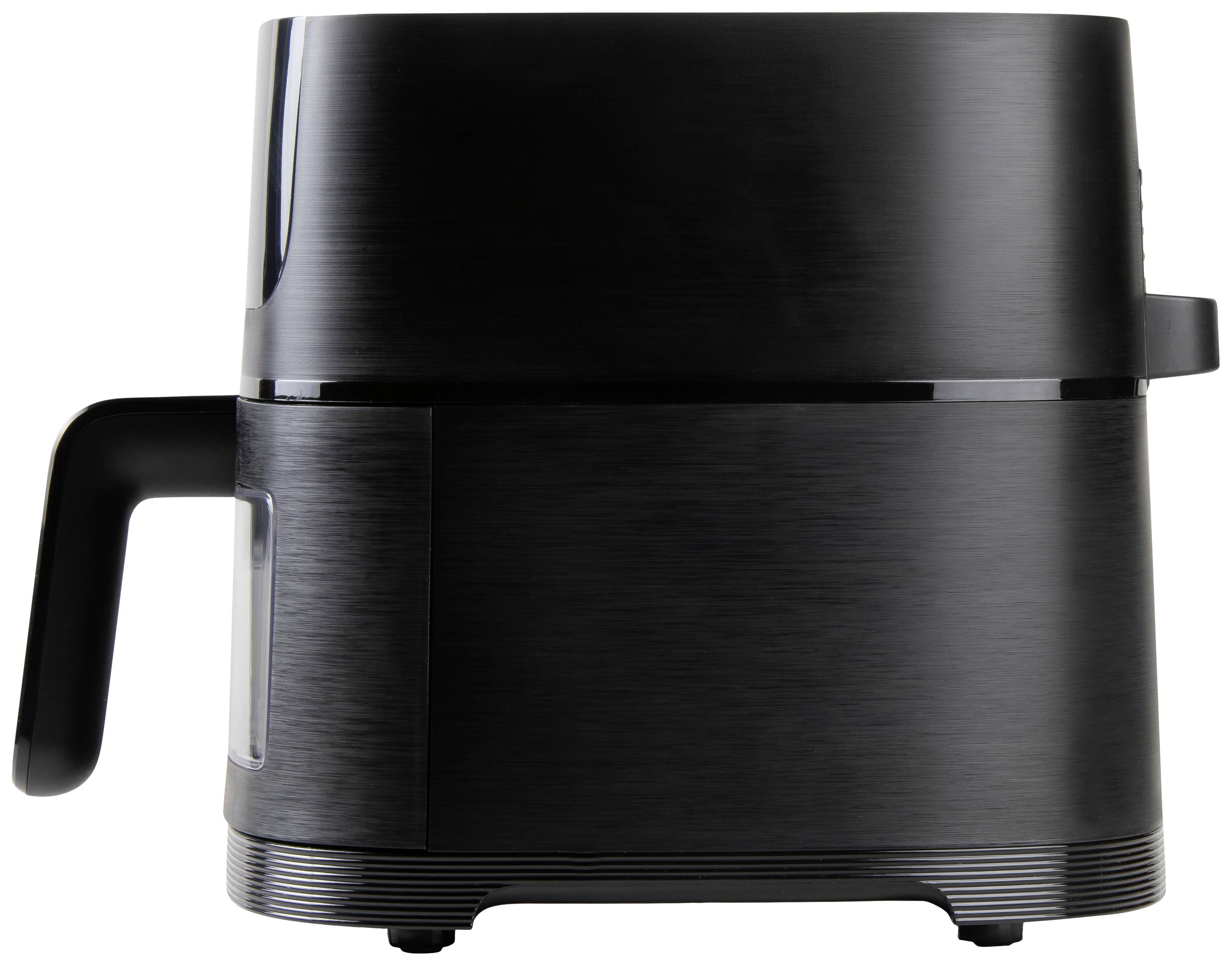 Zwarte heteluchtfriteuse met handvat, zijaanzicht. Modern keukenaparaat voor vetvrij frituren.