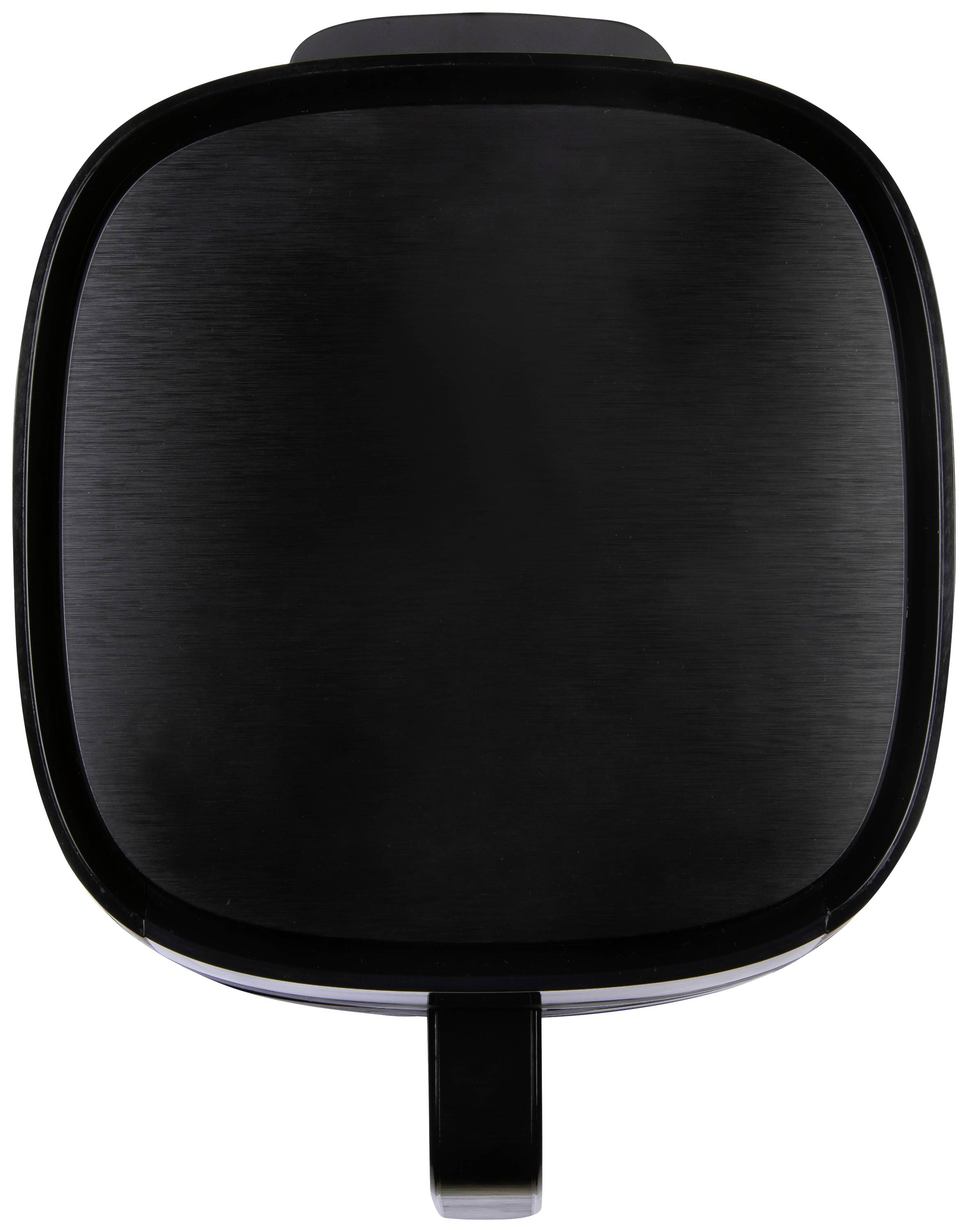 Zwarte rechthoekige pan met handvat, gezien van bovenaf.