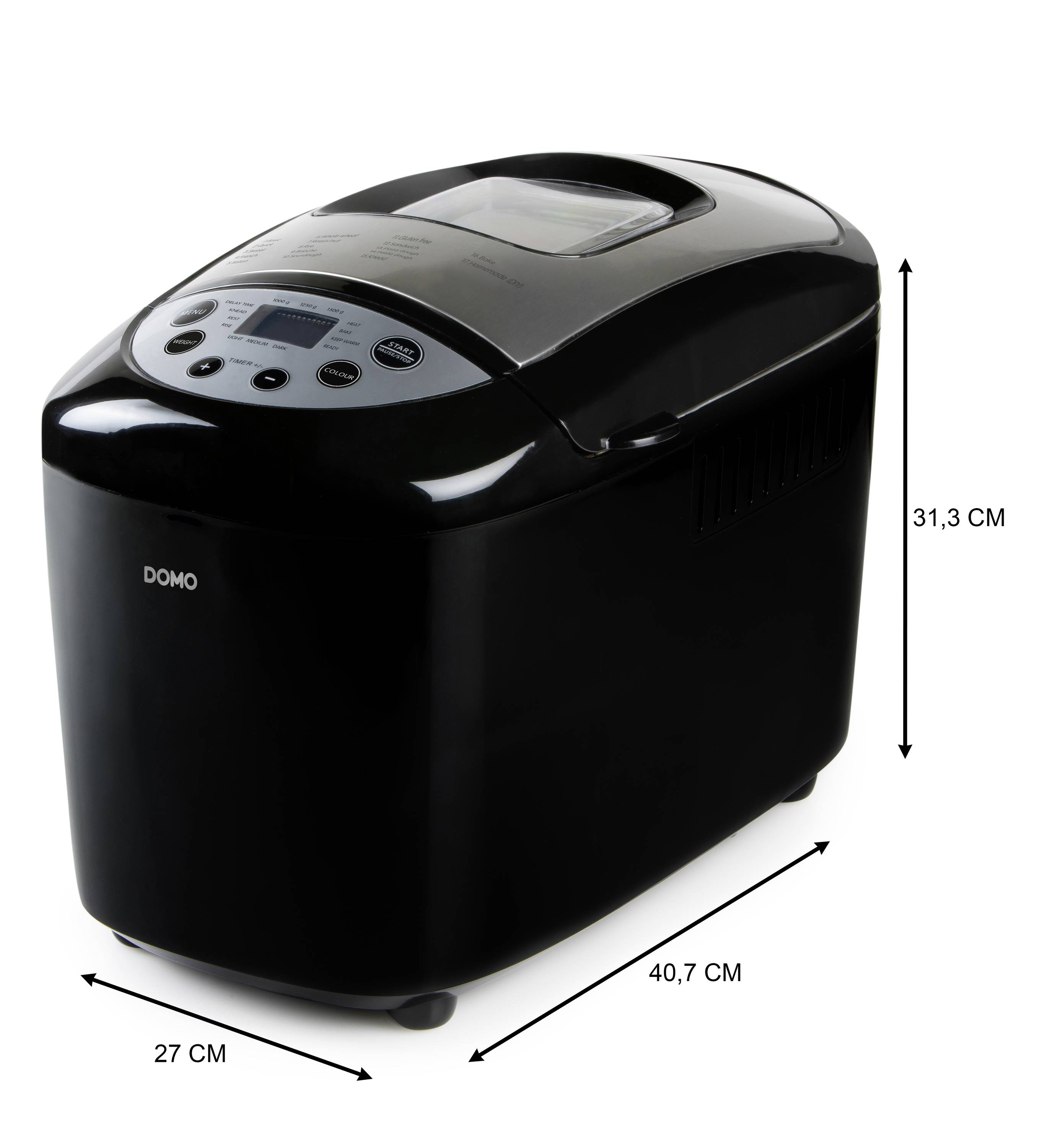 Zwarte broodbakmachine met digitaal display en toetsen, hoogte 31,3 cm, breedte 27 cm, diepte 40,7 cm. Merknaam 'DOMO'.