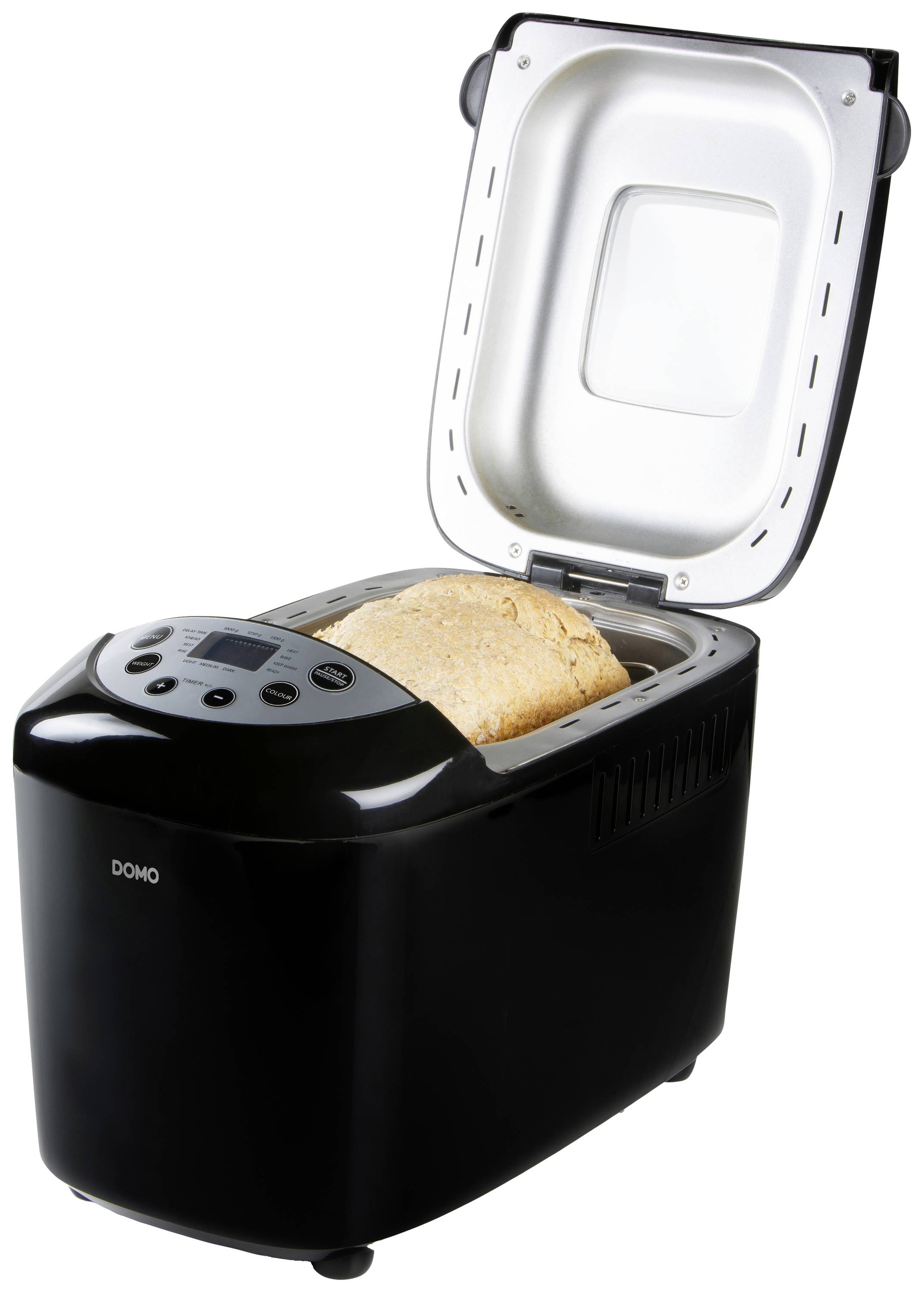 Zwarte broodbakmachine met geopend deksel, toont vers gebakken brood aan de binnenkant.