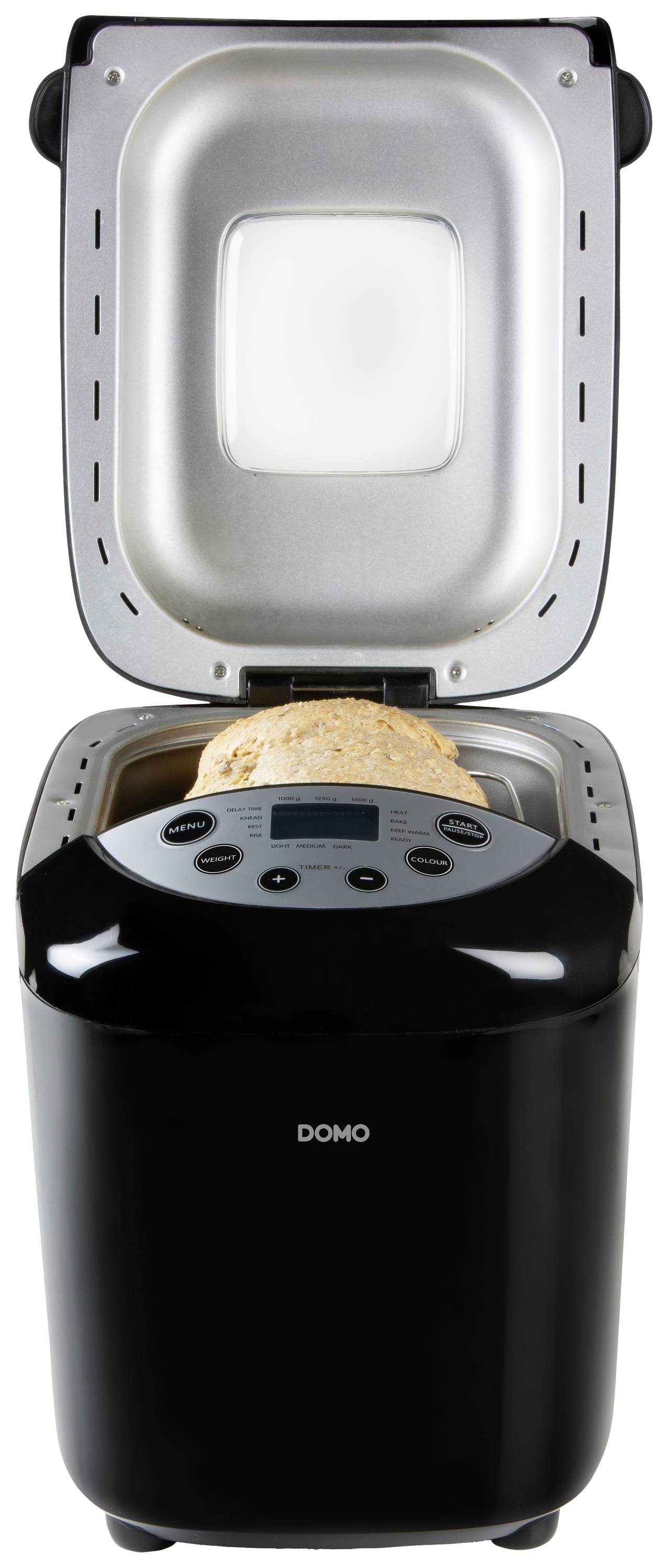 Een zwarte broodbakmachine met open deksel, toont vers gebakken brood aan de binnenkant. Op de voorkant staat 'DOMO'.