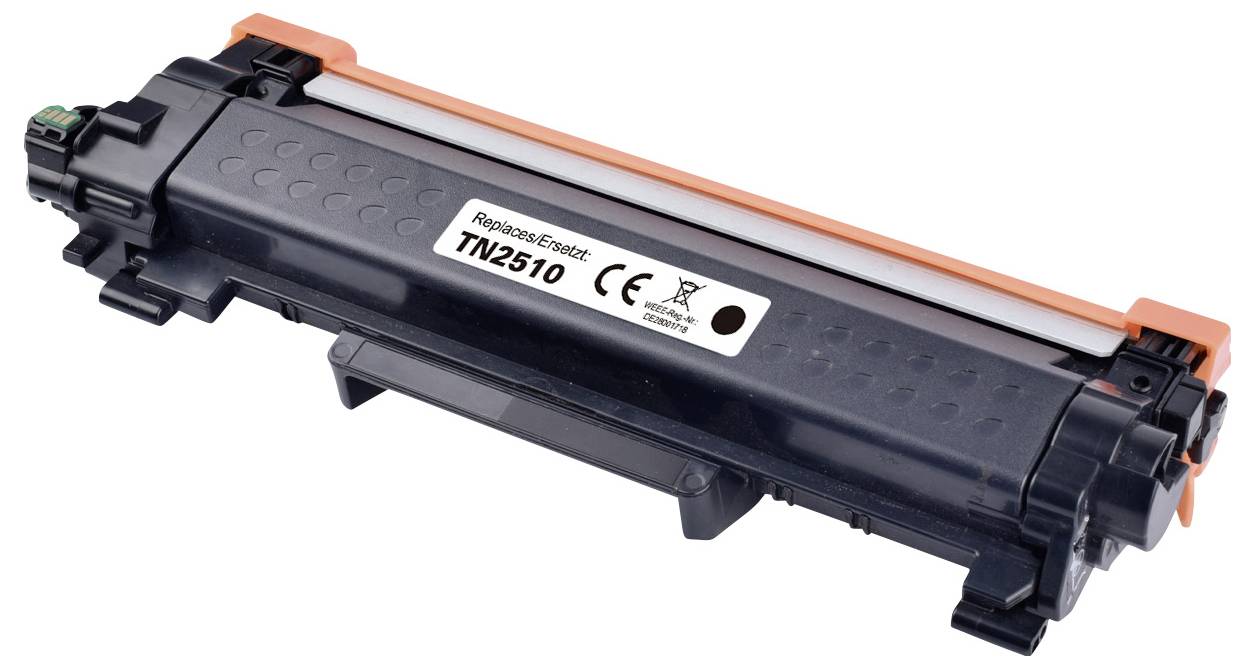 Zwarte tonercartridge met opschrift 'Replacement TN2510', geschikt voor laserprinters. Rechthoekige vorm met oranje elementen.
