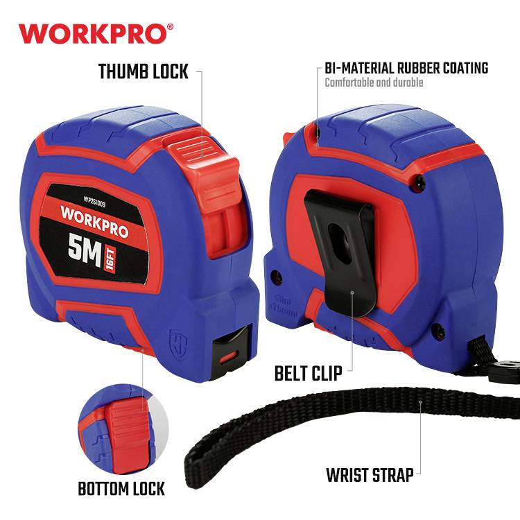 'WORKPRO 5M/16FT' meetlint, blauw-rood, met duim- en grondvergrendeling, riemlus en riem. Opschrift: 'BI-MATERIAAL RUBBER COATING'.