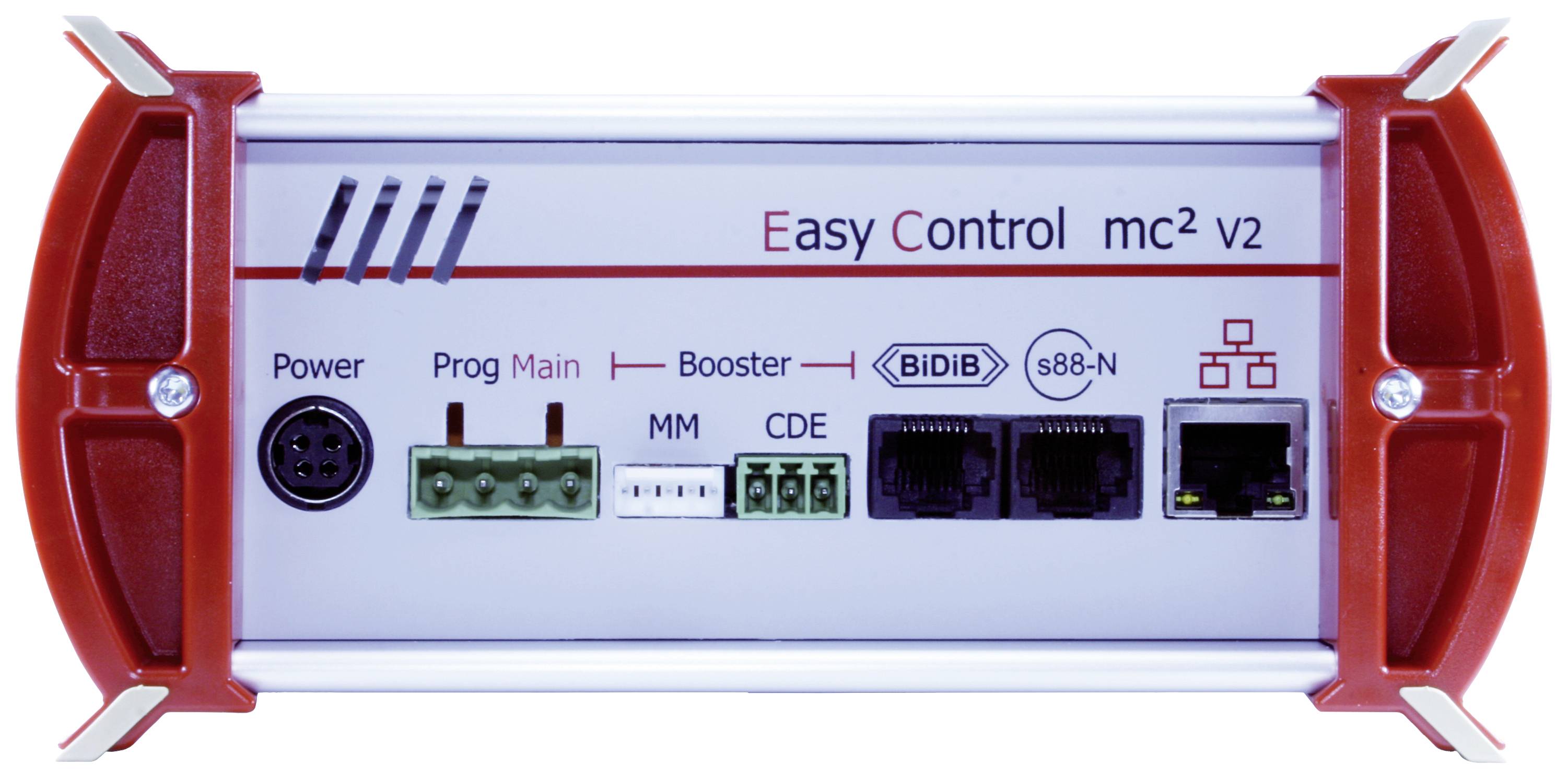 Besturingseenheid met aansluitingen en labels: 'Easy Control mc² V2', inclusief stroomaansluiting en netwerkaansluitingen.
