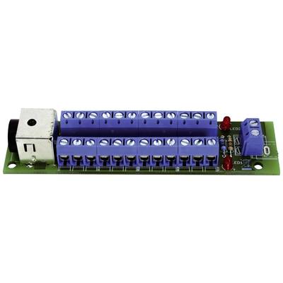 Groene printplaat met blauwe schroefklemmen, steekcontact links, twee LED-lampen rechts, gebruikt voor elektrische verbindingen.