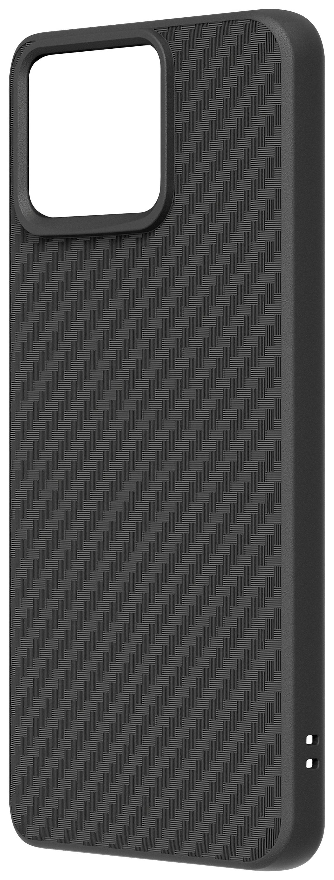 Zwarte telefoonhoes met carbon-look, rechthoekige opening voor de camera.