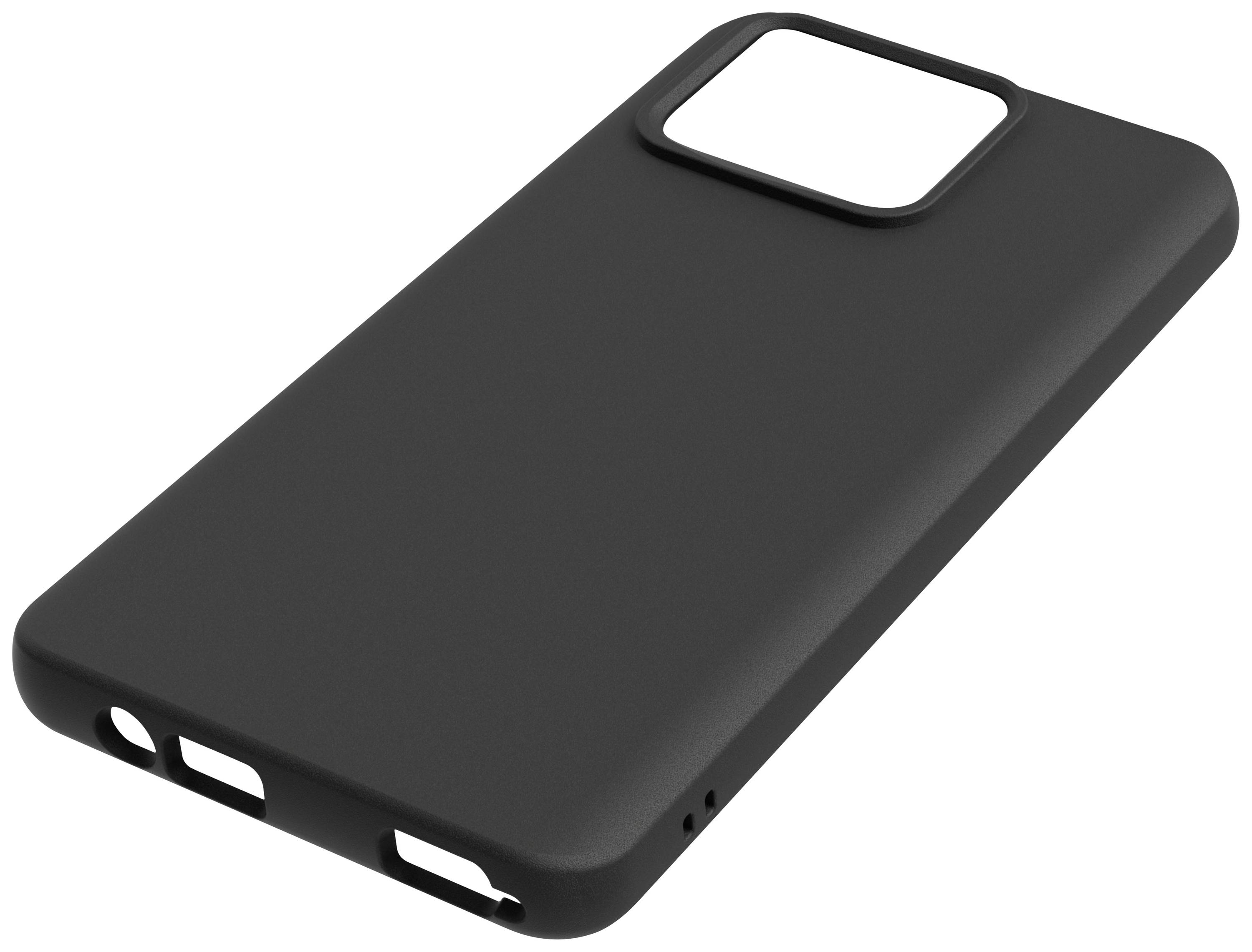 Een zwarte telefoonhoes met uitsparingen voor camera en aansluitingen.