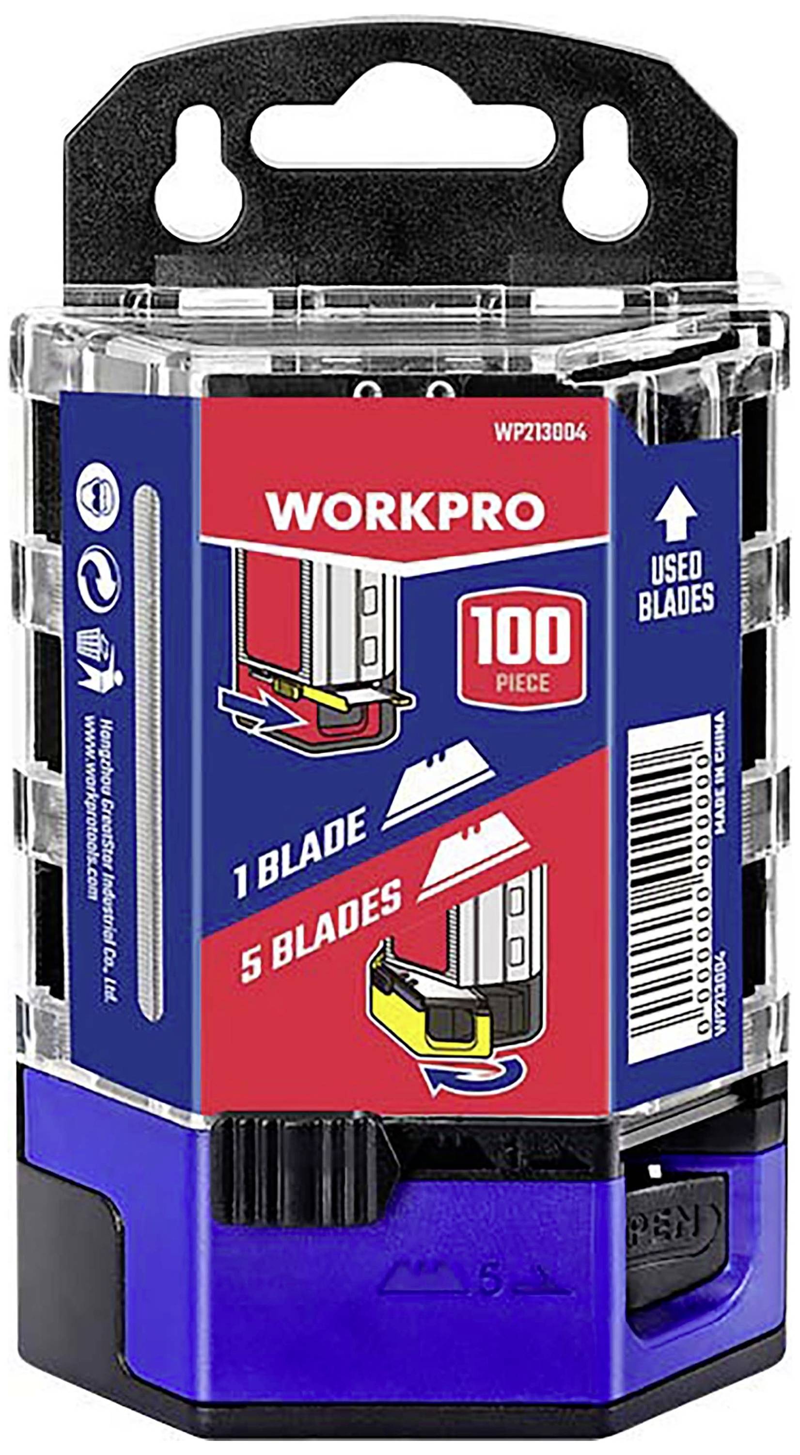 Container met 100 messen van het merk 'Workpro'. Toont instructies voor het verwijderen van individuele en vijf messen tegelijk.