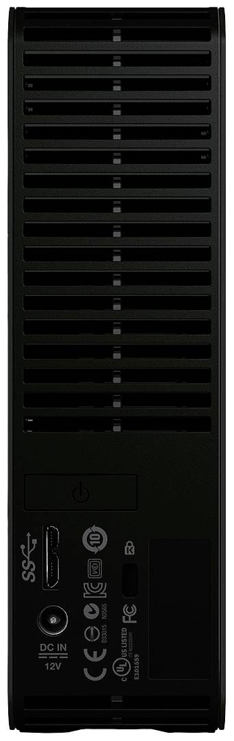 Externe harde schijf, achterkant met ventilatiesleuven, USB-aansluiting, stroomaansluiting en meerdere product- en veiligheidscertificeringen.