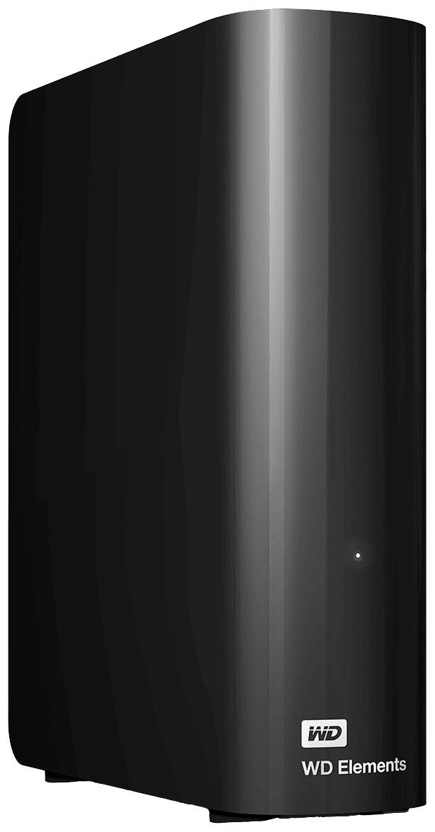 Externe harde schijf van WD Elements in het zwart, verticaal geplaatst. Hij heeft een strak design met licht afgeronde randen.
