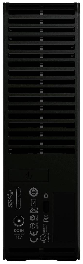 De achterkant van een externe harde schijfbehuizing met ventilatiesleuven en aansluitingen voor stroomvoorziening en USB-verbinding.