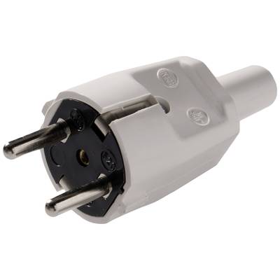 Een witte Schuko-stekker met twee metalen pinnen, bovenaan van kunststof met opdrukken, wordt gebruikt voor aansluiting op Europese stopcontacten.