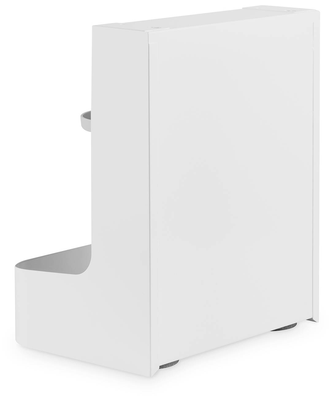 Een witte, rechthoekige prullenbak met deksel, voorzien van een papierrolhouder aan de zijkant, staat op een vlakke ondergrond.