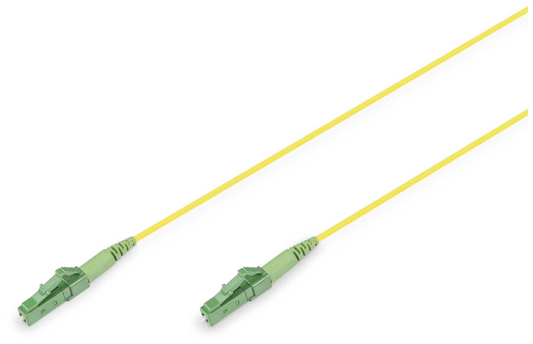 Glasvezelkabel met een gele mantel en groene connectoren aan beide uiteinden, geschikt voor snelle gegevensoverdracht.