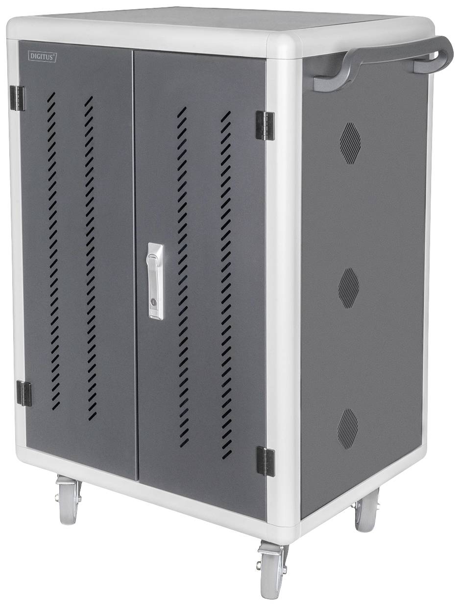 Mobiele laadwagen met wielen en handvat voor elektronische apparaten. Grijze behuizing met ventilatiesleuven en afsluitbare deuren.