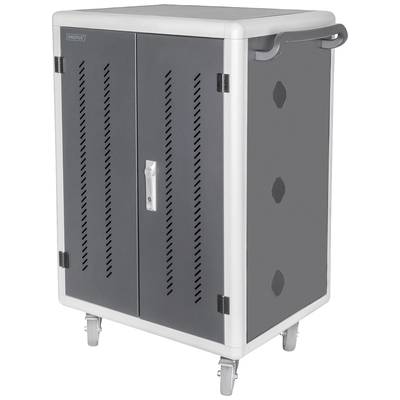 Mobiele laadwagen met wielen en handvat voor elektronische apparaten. Grijze behuizing met ventilatiesleuven en afsluitbare deuren.