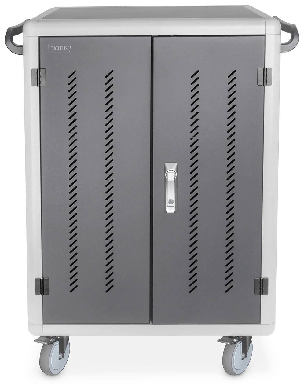Grijze mobiele opslagkast op wielen, met twee afgesloten deuren en ventilatiesleuven aan de zijkant.