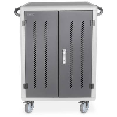 Grijze mobiele opslagkast op wielen, met twee afgesloten deuren en ventilatiesleuven aan de zijkant.