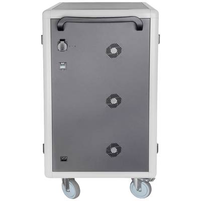 Een zilveren oplaadkast op wielen met geventileerde deur en slot, geschikt voor het opbergen en opladen van elektronische apparaten.