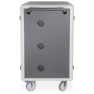 Mobiele opbergwagen met grijze voorkant, drie ventilatiesleuven en wielen voor gemakkelijke verplaatsing. Ideaal voor opslag.