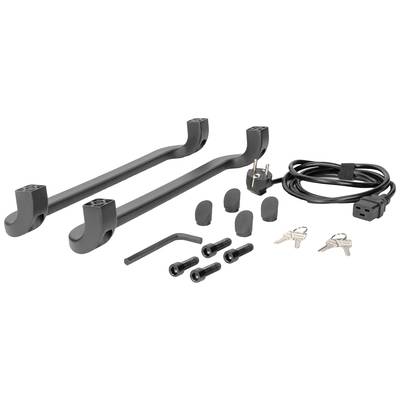 Een set zwarte bagagedragers met kabel, stopcontact, stekkers, schroeven, inbussleutel en twee sleutels.
