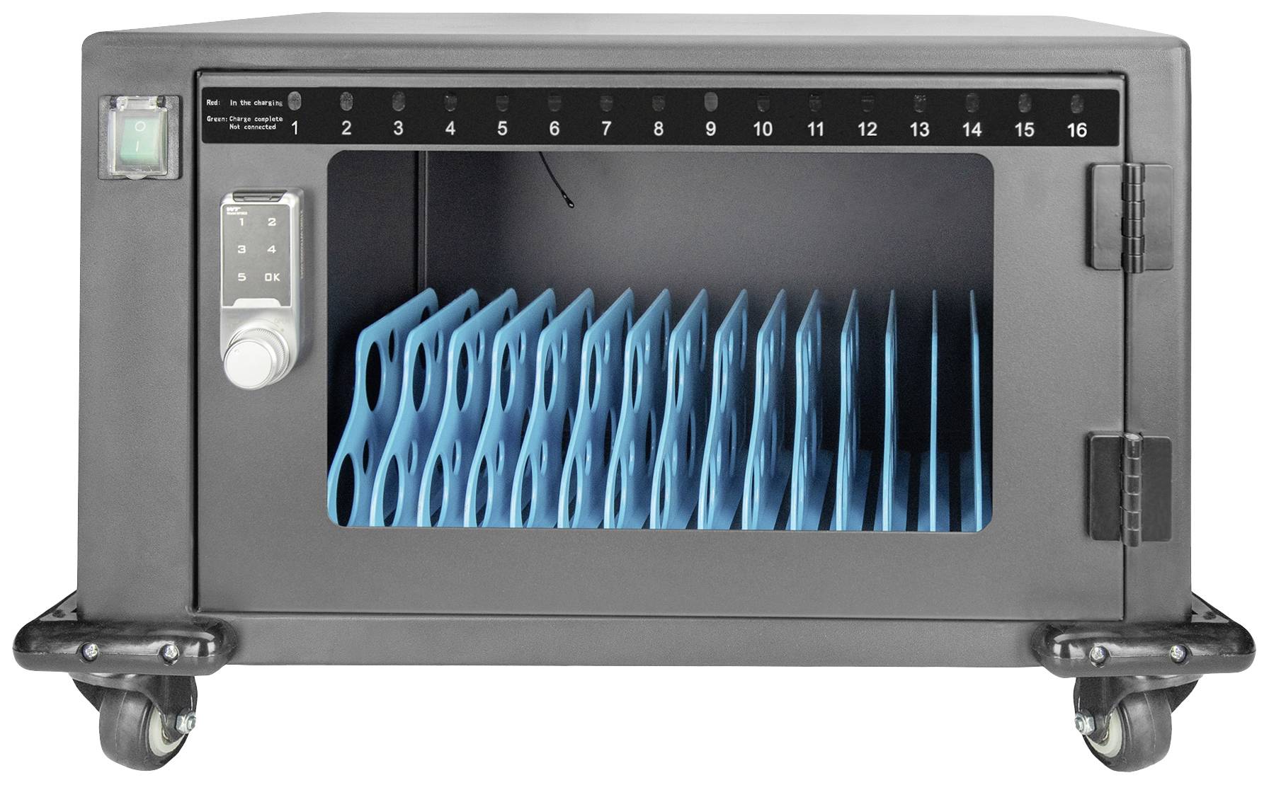 Zwarte laadwagen met voorlader en blauwe scheidingswanden voor het veilig opladen en opbergen van maximaal 16 tablets of laptops.
