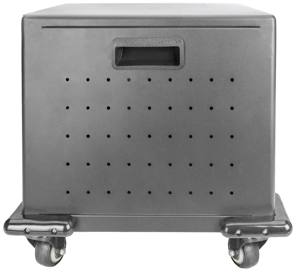 Een zwarte, rechthoekige rolcontainer met een handgreep aan de voorkant en kleine wielen, ideaal voor eenvoudig transport en opslag.