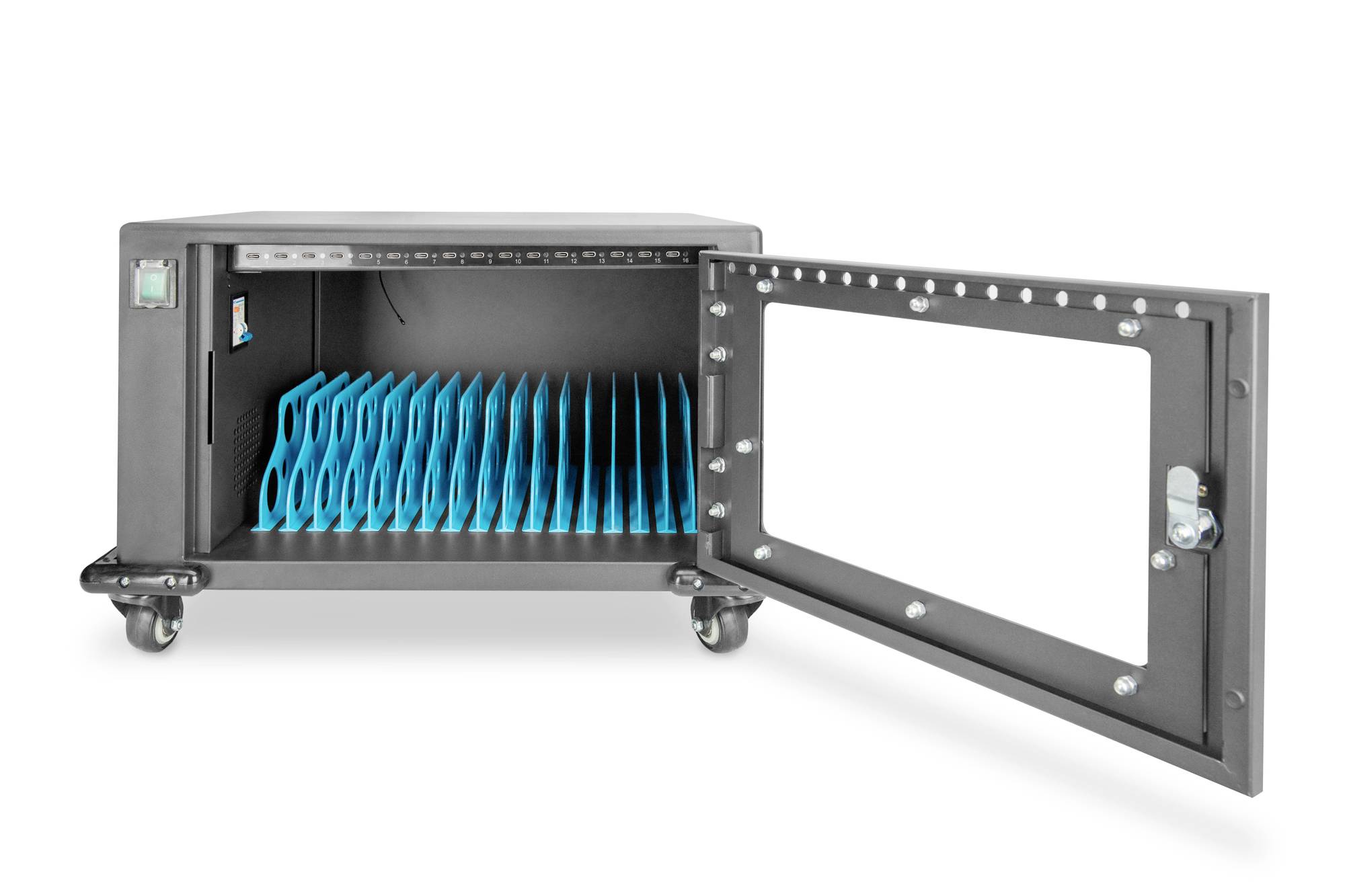Een open opbergkast op wielen met blauwe vakken voor tablets of laptops.