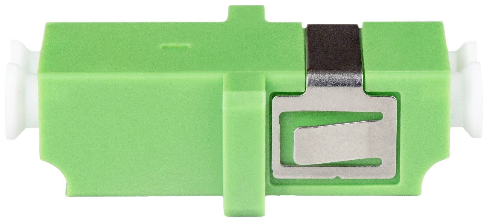 Groene optische glasvezeladapter met metalen clip in het midden, voor het verbinden van glasvezelkabels.