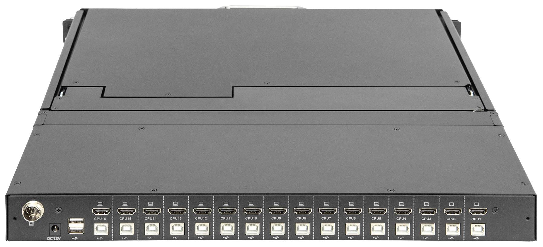Een zwarte serverrack met talrijke HDMI-aansluitingen aan de voorkant, geschikt voor multimedia-netwerken en videooverdracht.