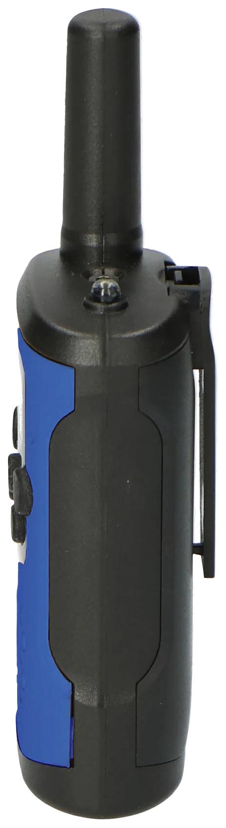 Een blauw-zwarte walkietalkie met een zwarte antenne, zijaanzicht.