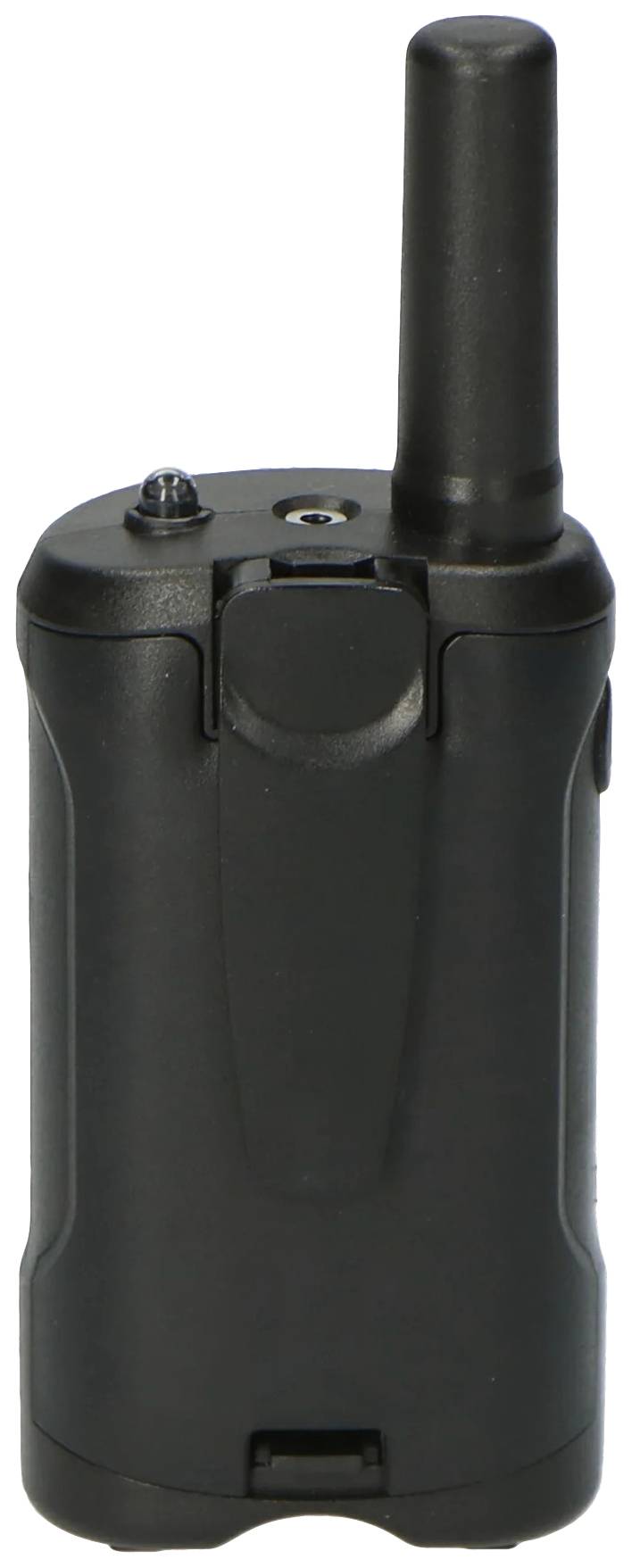 Zwart walkietalkie met zichtbare antenne en bedieningselementen aan de bovenkant.