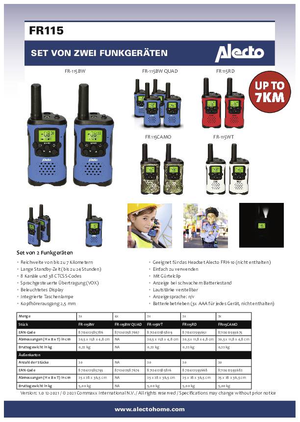 'FR115 Set van twee walkietalkies' - Verschillende modellen en kleuren getoond, bereik tot 7 km, inclusief accessoires en technische specificaties.