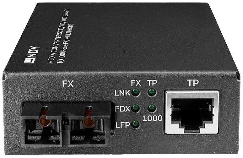 Een mediaconverter van 'Lindy' toont FX- en TP-aansluitingen met status-LED's voor LNK, FDX, LFP en 1000.
