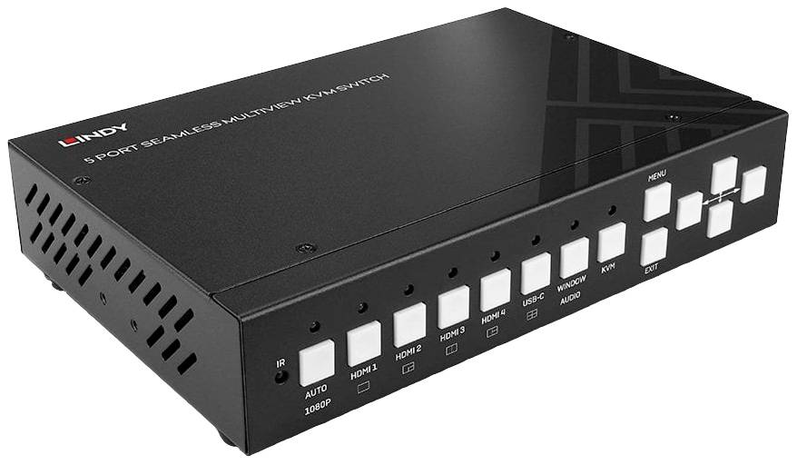Een zwarte 5-poorts Multiview KVM-switch met wit gelabelde knoppen aan de voorzijde en een logo op de bovenkant.