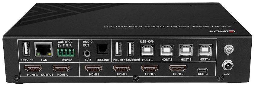 'Achterkant van een elektronisch apparaat met meerdere aansluitingen voor HDMI, USB, Audio en bedieningsinterfaces zoals LAN en RS232.'