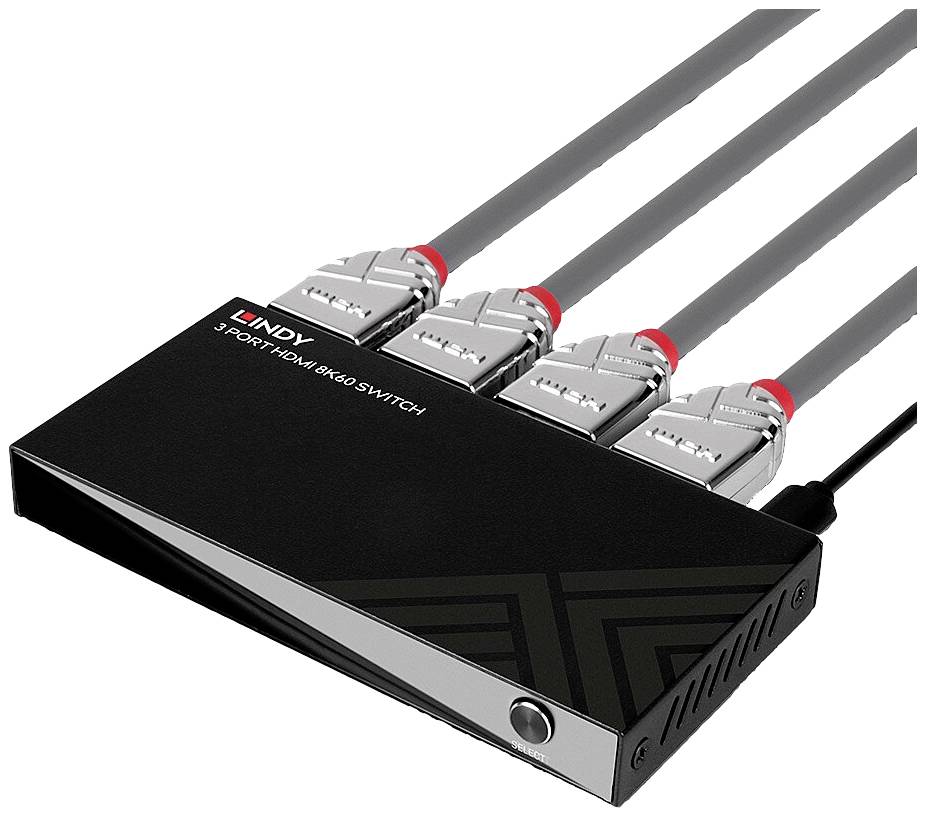 Een HDMI-switch met vier aangesloten HDMI-kabels, die meerdere videobronnen op één scherm kan omschakelen.