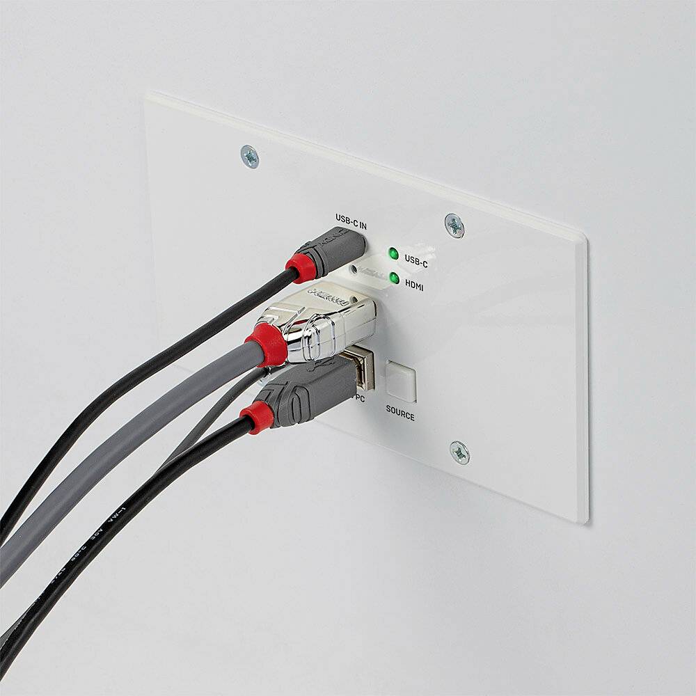 Wandplaat met USB-C-, HDMI- en VGA-aansluitingen. Twee kabels aangesloten op USB-C en HDMI. LED-indicator toont aangesloten apparaten.
