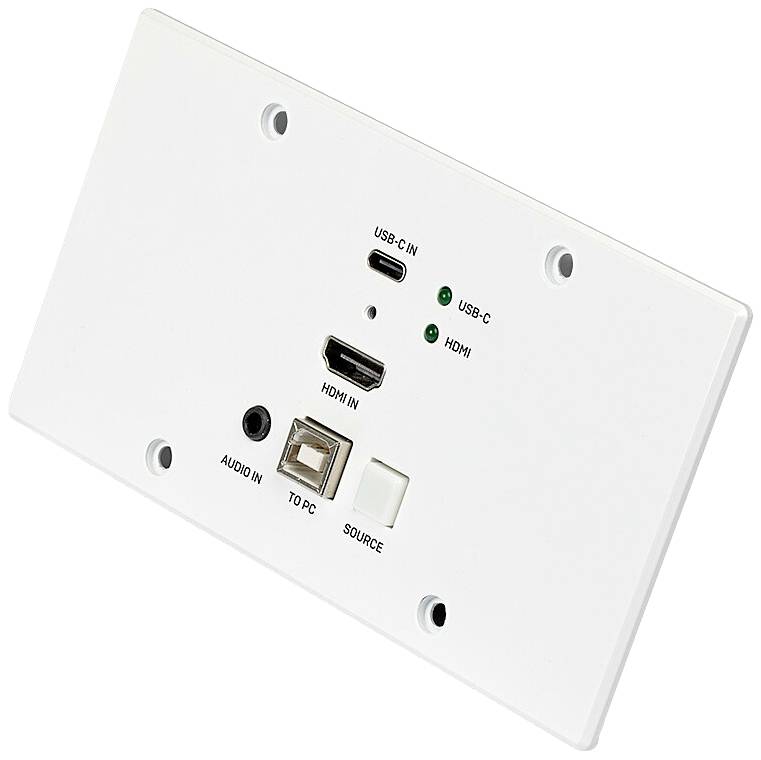Witte aansluitplaat met USB-C, HDMI, audio- en pc-aansluitingen.