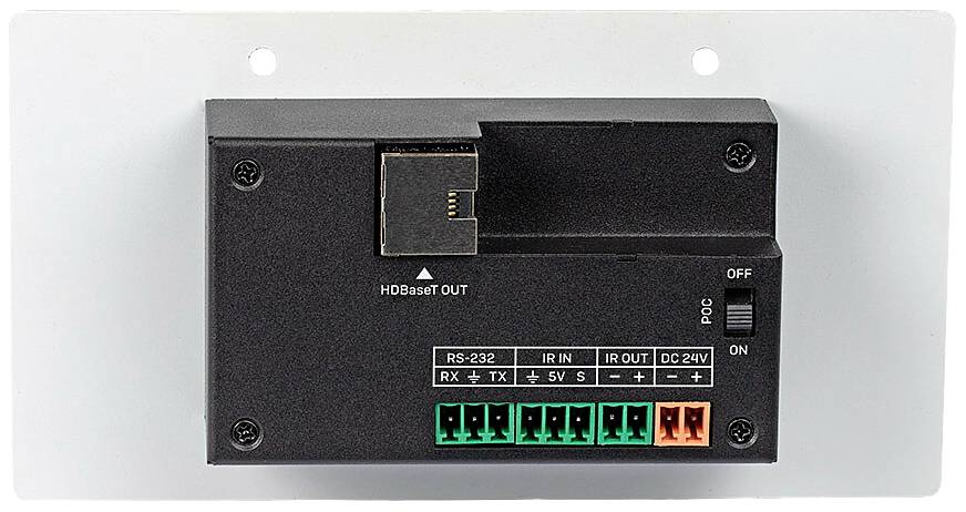 Een zwart HDBaseT-bedieningspaneel op een witte achtergrond met aansluitingen voor RS-232, IR en gelijkstroom, evenals een aan/uit-schakelaar.