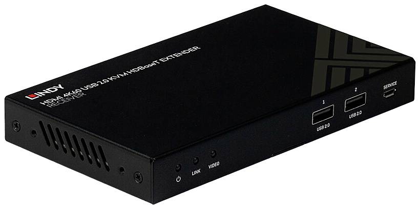 Een zwarte HDMI-4K-USB-2.0-extender met twee USB-poorten en ventilatiesleuven. Merknaam 'Lindy' op de bovenkant.