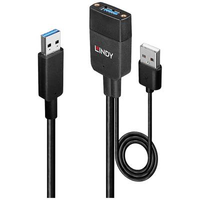 USB-verlengkabel met USB 3.0-aansluitingen. Het vrouwelijke aansluitpunt is voorzien van het opschrift 'LINDY'. Zwart, voor gegevensoverdracht.