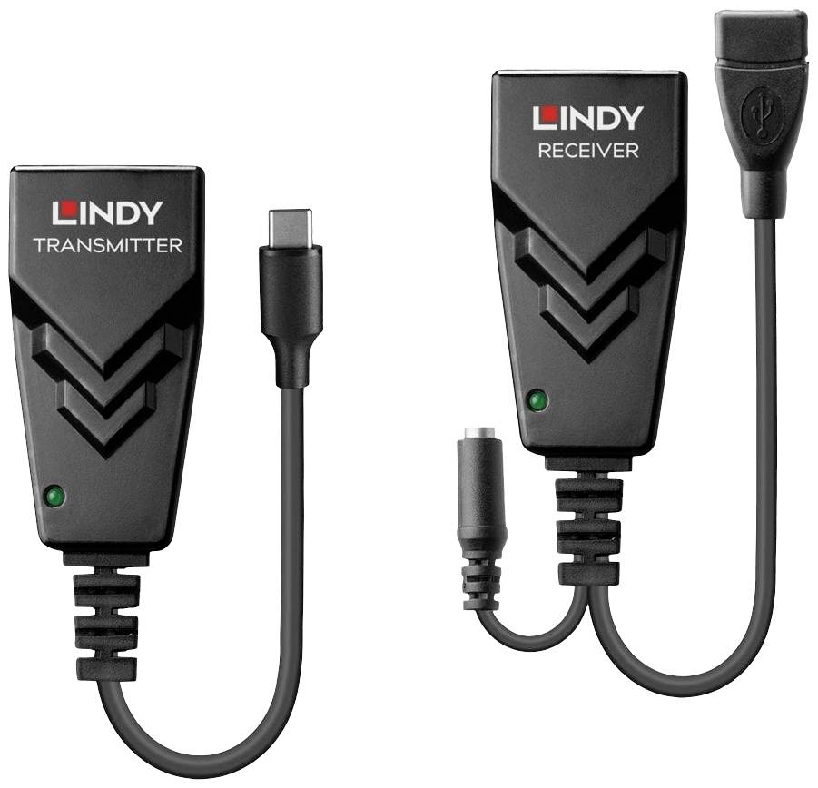 Twee zwarte adapters met het opschrift 'Lindy Transmitter' en 'Receiver', verbonden door kabels, voor signaaloverdracht.