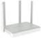 Een witte router met vier verticale antennes, gemerkt met 'KEENETIC', geplaatst op een witte ondergrond.