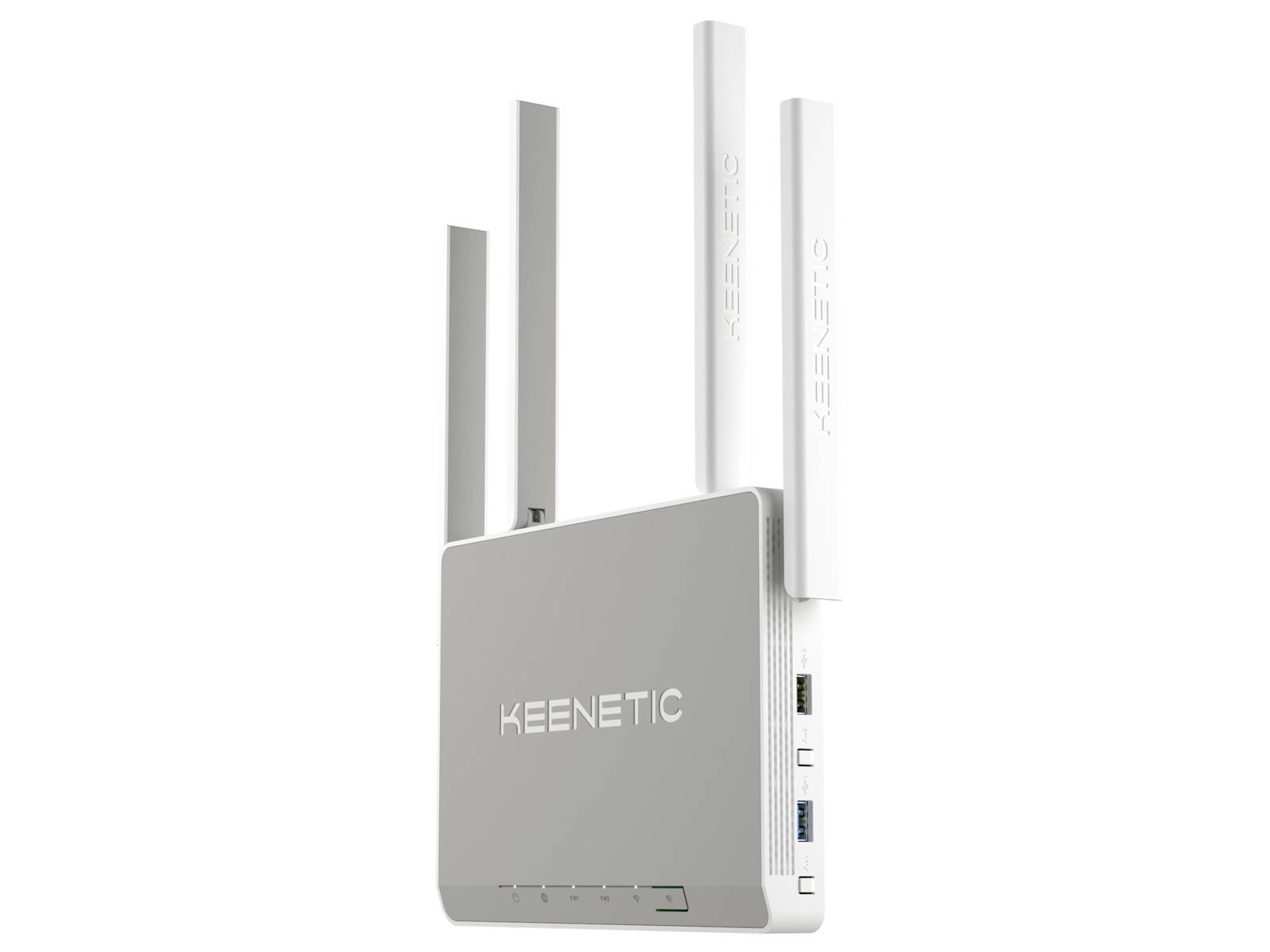 Een witte WiFi-router met vier antennes en meerdere aansluitingen aan de zijkant. Het apparaat draagt de opschrift 'Keenetic'.